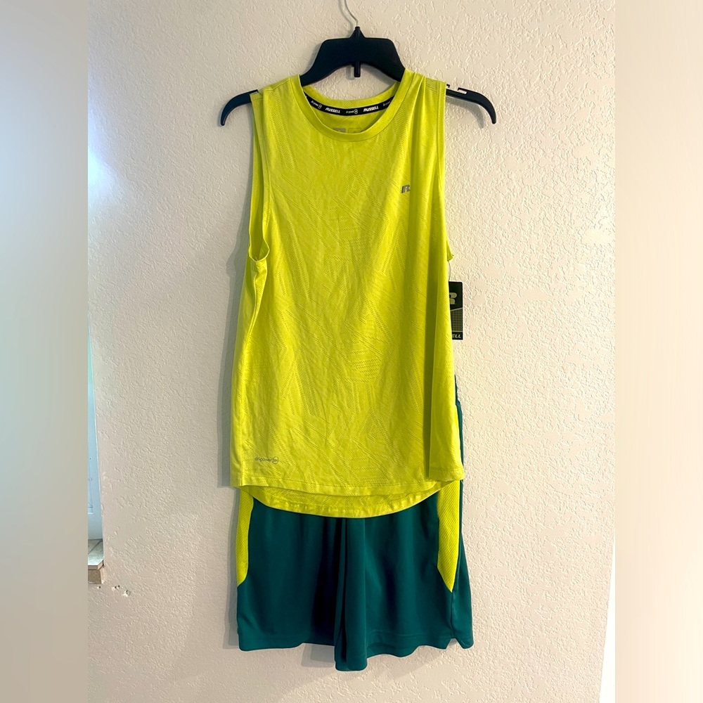 Tek gear men’s size medium shorts and Russell nwt cutoff shirts size small